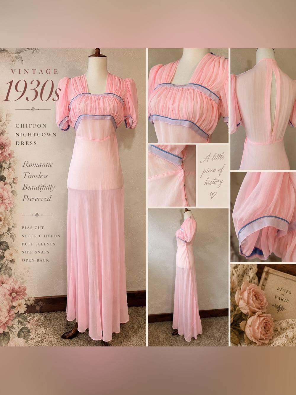 Vintage 1930s Pink Chiffon Bias Cut Nightgown Dress | Romantic Vintage Lingerie